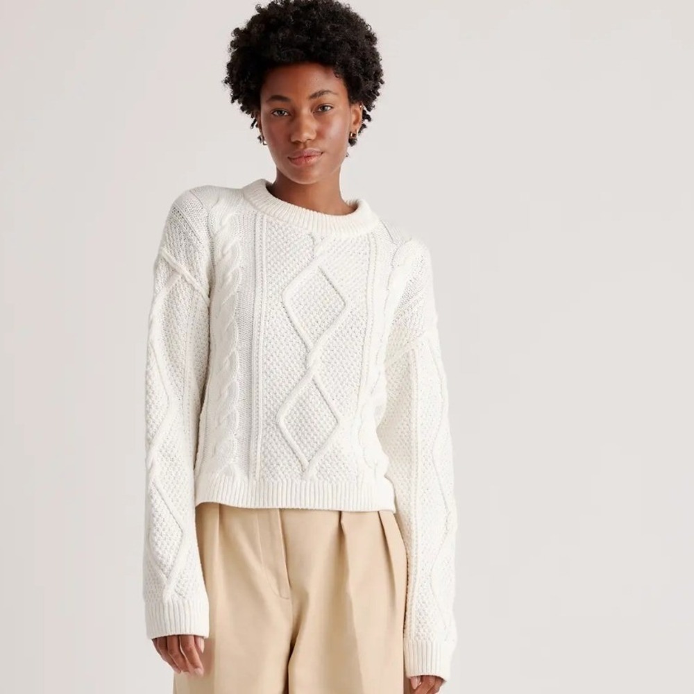 Quince Womens Cable Knit Sweater XS Ivory Cropped Organic Cotton Crew Minimalist